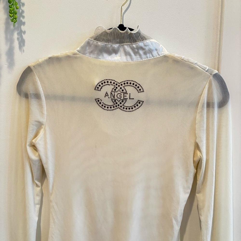 Euro Qian Wan Zi CC Angel Cream Micro Mesh Pearl Gems & Ruffle Long Sleeve L - Picture 7 of 13